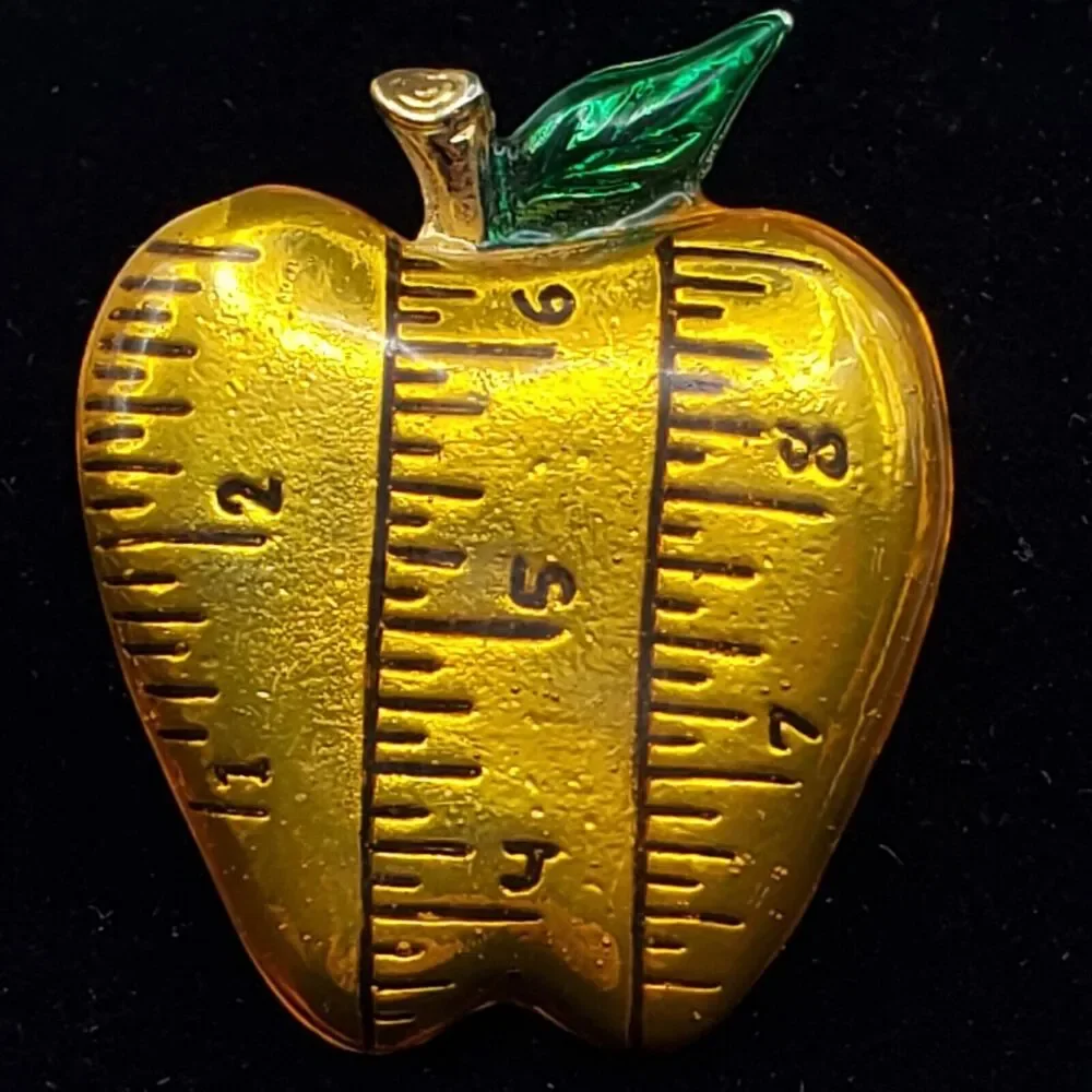 Golden Apple Enamel Brooch Ruler Teacher Pin Danecraft Vintage Fruit